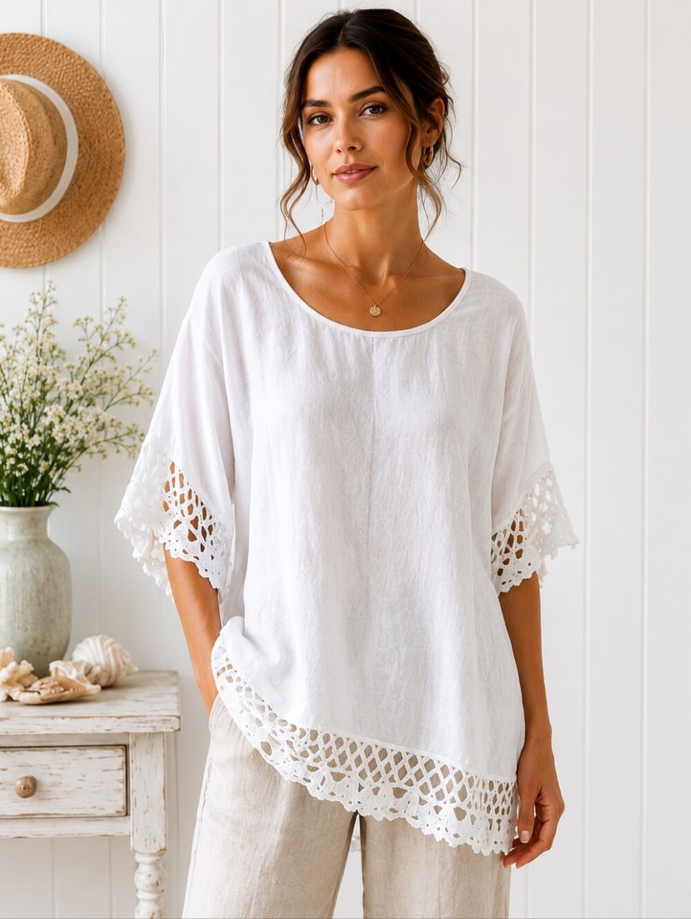 100% Linen White Crochet Trim Tunic Top | Coastal Chic Resort Wear